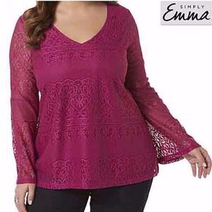 NWT Simply Emma 3X Plus Magenta Crochet Lined Mesh Lace Tunic long Sleeve XXL